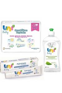 Uni Baby Islak Bebek Havlusu 3 Lü Set+bitkisel Içerikli Biberon Emzik Temizleyici 500 Ml+pişik Kremi