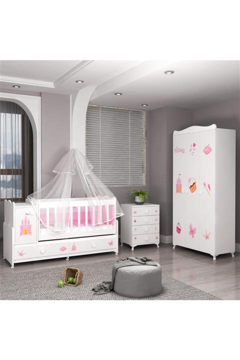 Garaj Home Pırlanta Yıldız 3 Lü Prenses Bebek Odası Takımı Yatak Ve Uyku Seti Kombinli Uyku Seti Krem