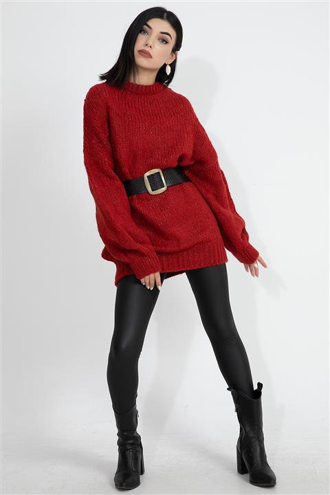 VAPUR TEKSTİL Kadın Kırmızı Bisiklet Yaka Kalın Örgü Düşük Omuz Tunik