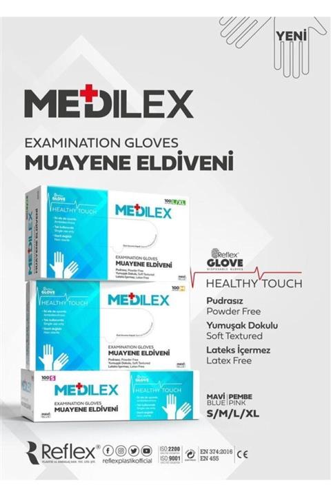 REFLEKS Medilex Pudrasız Muayene Eldiveni Mavi Renk 100 Adet S Beden