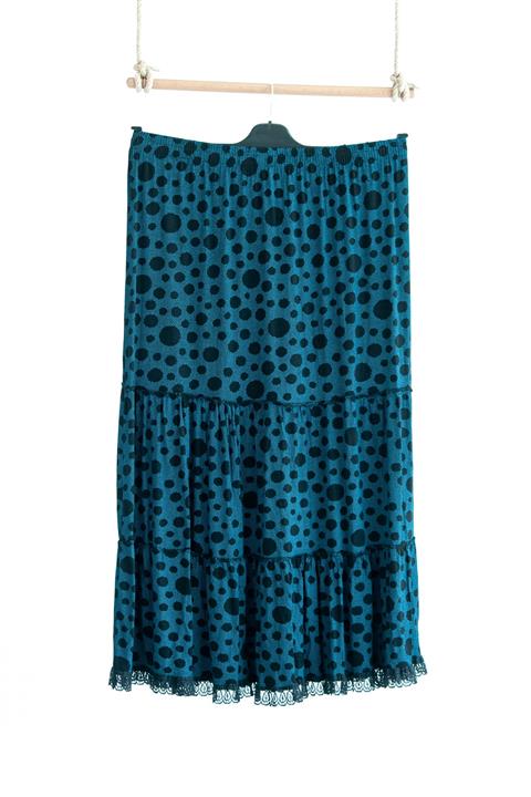 Oppland Kadın Siyah Turkuaz Anne Butik Etek Parçalı Kloş Puantiyeli Rahat Kesim Likralı Viskon Kumaş