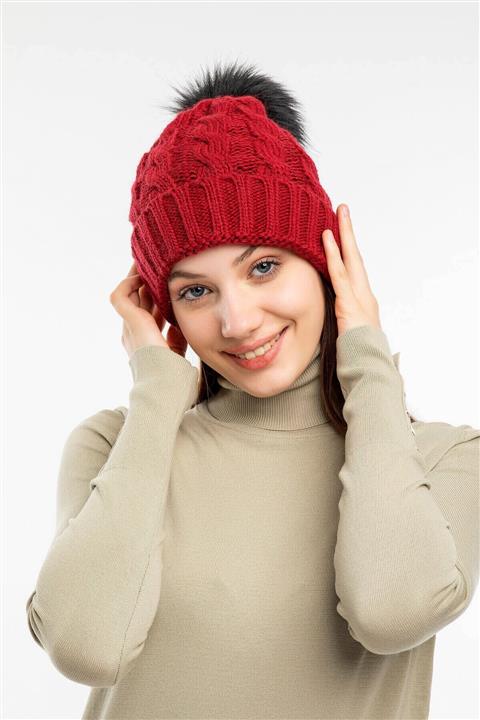 Mossta Stylish Siyah Ponponlu Bordo Kadın Bere