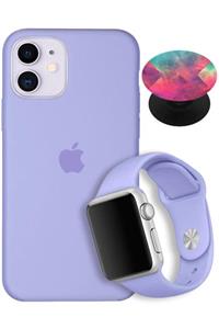 Apple Watch 1 40 Mm Silikon Kordon + Iphone 12 Mini Lansman Logolu Lila Kılıf + Popsocket