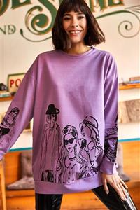 Olalook Kadın Lila Figürlü Oversize Sweatshirt SWT-19000452