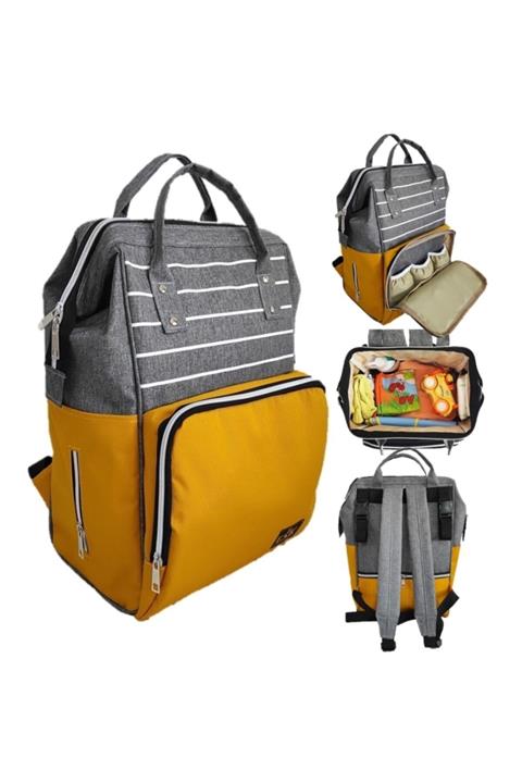 USF Bebek Bakım Çantası Lüx Anne Bebek Bakım Sırt Çantası Keten Gri-sarı