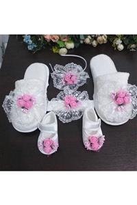 SÜSLÜTASARIM Kadın Pembe Lohusa Terlik Ve Taç Bebek Patik Ve Bandana Seti