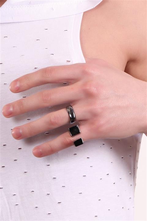 LABALABA Erkek Metalik Antrasit Lak Kaplama Ayarlanabilir 2'li Geometrik Set Yüzük