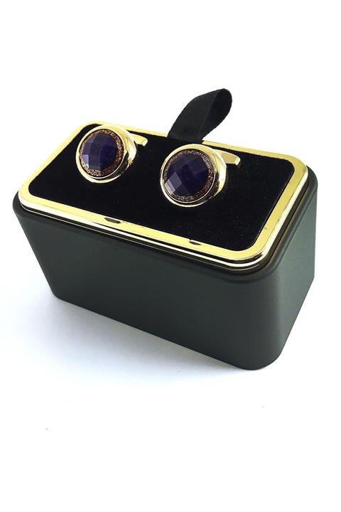 Kravatkolik Altın Renk Yuvarlak Lacivert Taşlı Kol Düğmesi Kd1428