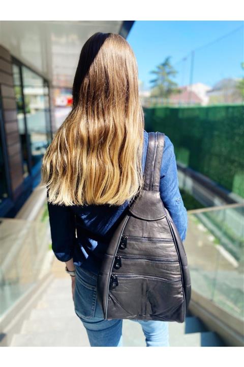 TopTrendy Hakiki Deri Çok Bölmeli Kadın Sırt Ve Omuz Çantası