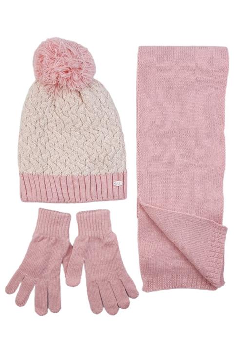 Kamus Üçlü Kız Çocuk Atkı Bere Eldiven Seti Açık Pembe