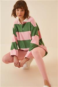 Happiness İst. Kadın Pembe Yeşil Polo Yaka Çizgili Oversize Sweatshirt 14128 FN02922