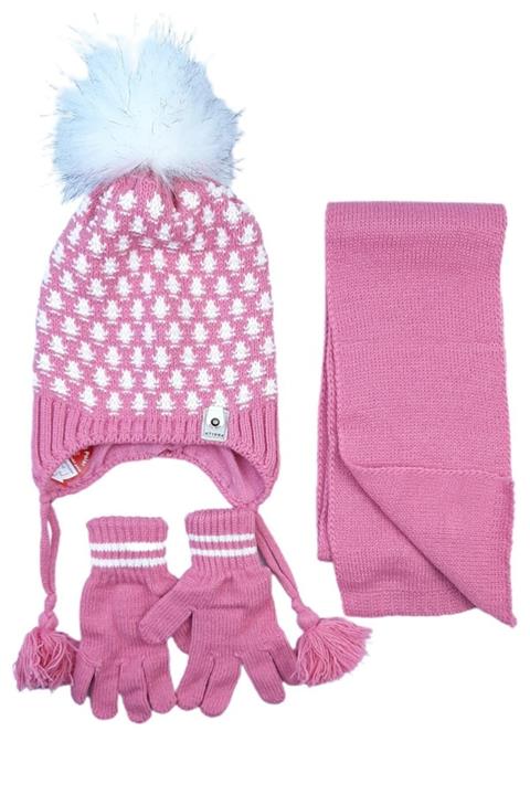 Kamus Üçlü Kız Çocuk Atkı Bere Eldiven Seti Renkli Gül Pembe