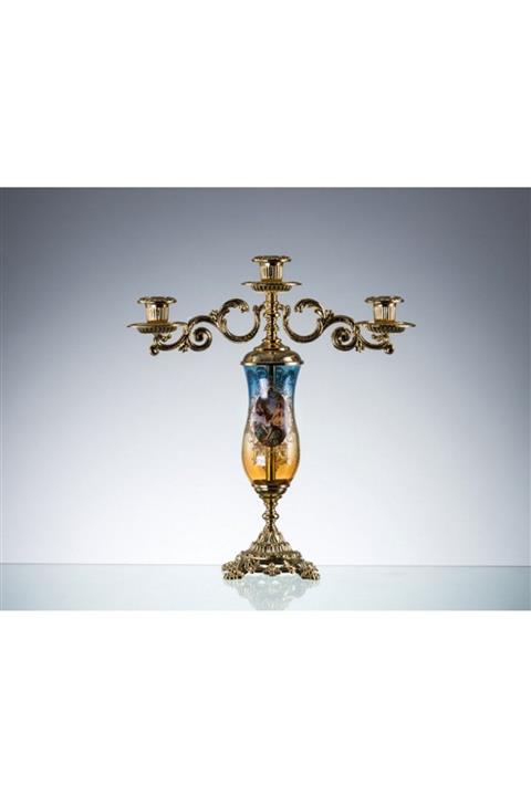 Porio Ahd-1738 - Altın-mavi Amber 3lü Şamdan 41*37