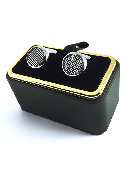 Kravatkolik Gümüş Renk Yuvarlak Siyah Beyaz Detay Kol Düğmesi Kd1437