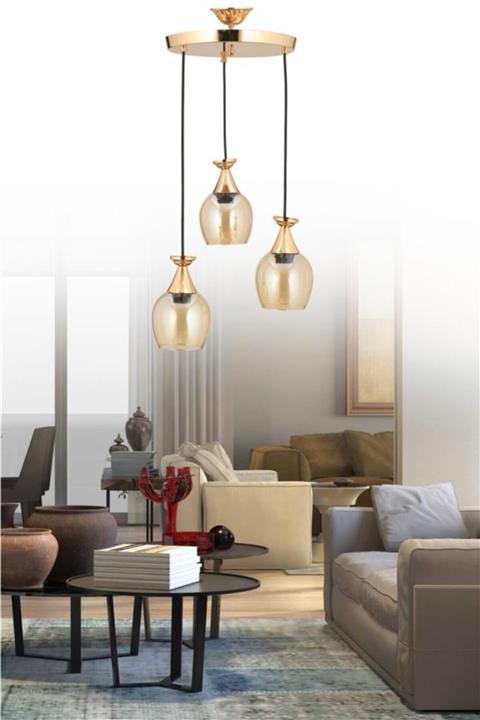 İstanbul Avize Sarkıt 3'lü Gold Hunli Sarı Opak Camlı Avize