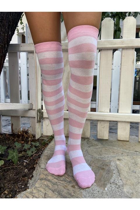 lovebox Kadın Pembe Beyaz Çizgili Pamuklu Dizüstü Çorap