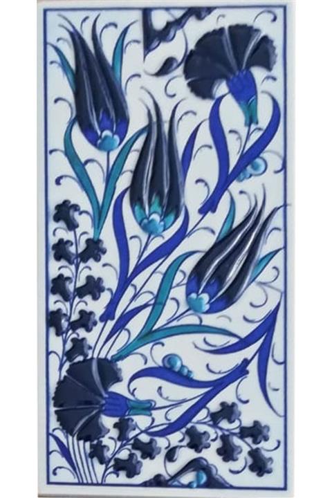 Armada Çini 10x20 cm Ed 224 Üç Lale Mavi Beyaz El Dekoru Çini Karo