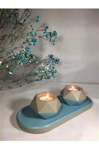 S&D HOME Geometrik Beton Mumluk Set Turkuaz Gri 3 Parça Oval Tealight Mumluk