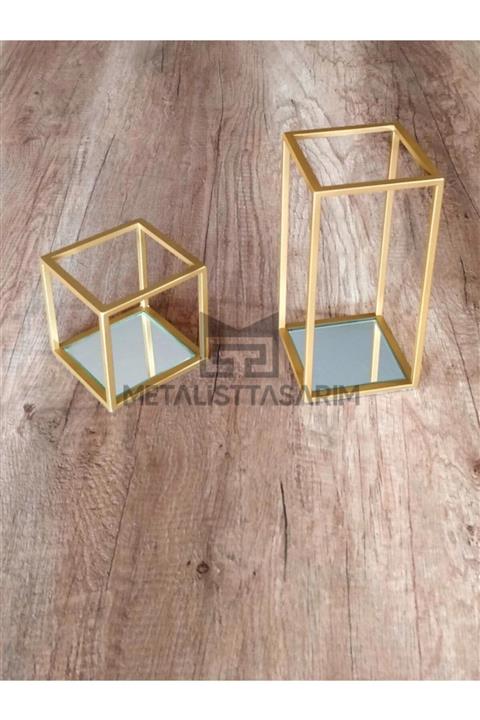 Metalist Tasarım Sefa özel Yapım Aynalı Kafes Mumluk 2’li Gold Renk