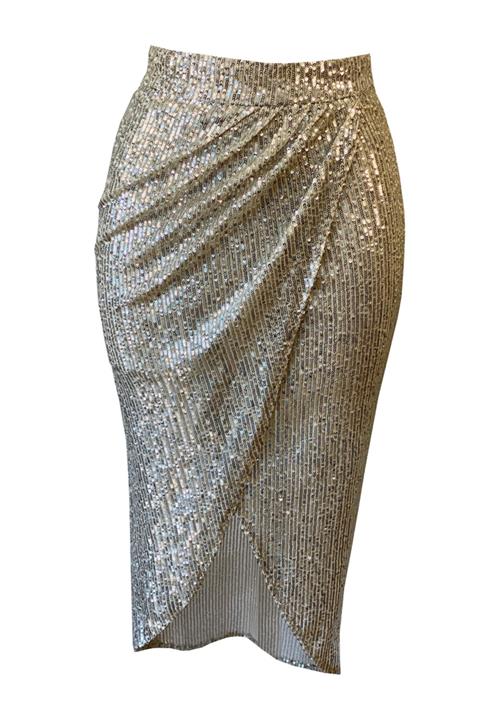 LEFİTAL Kadın Krem Asimetrik Yırtmaçlı Pul Payet Etek