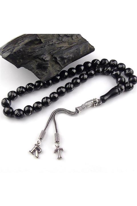 Taşhane 925 Ayar Gümüş Püsküllü Işlemeli Oltu Tesbih