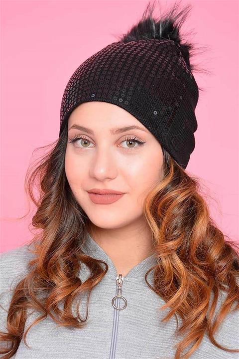 Mossta Kadın Siyah Tasha Payetli Tüylü Bere