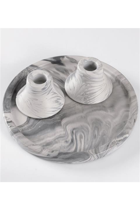 PabloFi Beton Set Mermer Desen Özel Tasarım  Yuvarlak Tepsi Şamdan