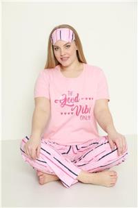 PİJAMAWOME Kadın Büyük Beden Pamuklu Açık Pembe Baskılı Kısa Kollu Battal Pijama Takımı