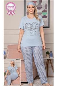 Pijamoni Pijama Takımı Kadın Alt Kalp Desenli Kısa Kollu Büyük Beden Göz Bandı Hediyeli
