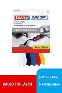 Tesa On & Off Cırt Bant Kablo Toplayıcı, 12mmx20cm, 5 farklı renk: Beyaz, siyah, mavi, kırmızı, sarı