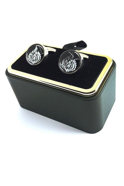 Kravatkolik Gümüş Renk Siyah Gümüş Detay Yuvarlak Kol Düğmesi Kd1495