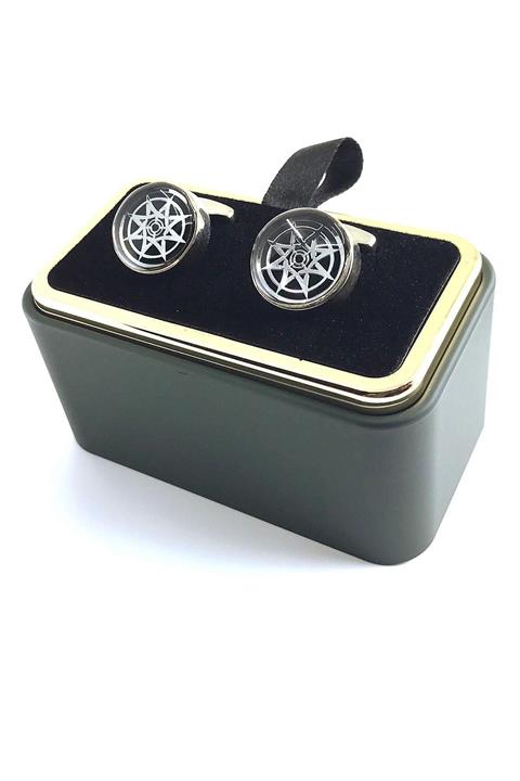 Kravatkolik Gümüş Renk Siyah Yıldız Desen Yuvarlak Kol Düğmesi Kd1332