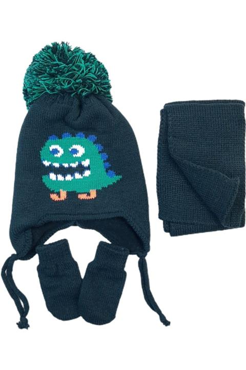Kamus Dinazor Desenli Bebek Atkı Bere Eldiven Seti Lacivert