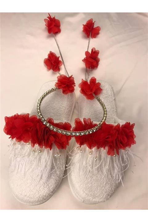 SÜSLÜTASARIM Kırmızı Incili Terlik Swarovski Taç Set 1062