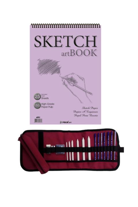 satrik Rulo Kalemlik Eskiz Çizim Seti Eskiz Defterli 24,5×34,5cm Dereceli Kalem Pastel Dağıtma Hamur Silgi