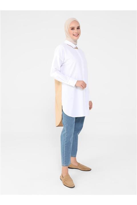 Refka Renk Bloklu Poplin Tunik Off White Koyu Bej Casual