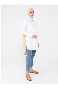 Refka Renk Bloklu Poplin Tunik Off White Koyu Bej Casual