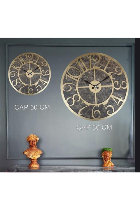 Markakanvas Mermer Desenli Altın (gold) Renkli Duvar Saati Çap 80 Cm
