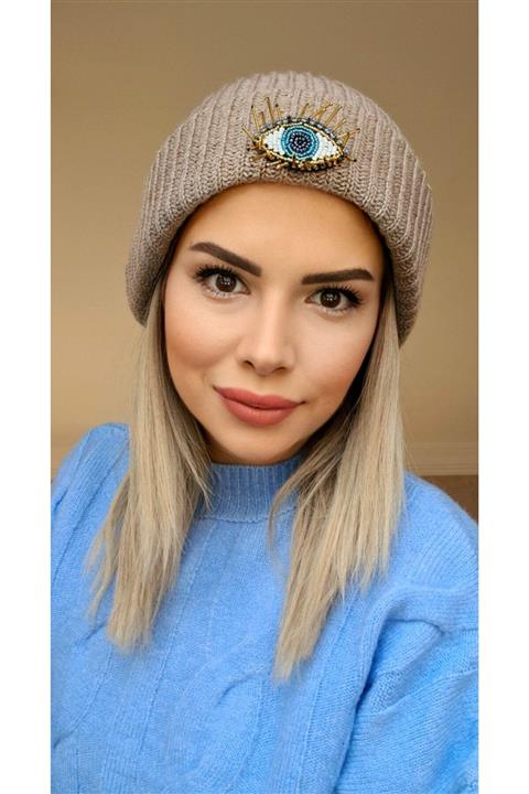 FashionbyTutkuSeyma Kadın Kahverengi Boncuk Bere