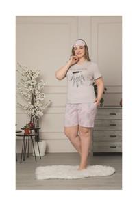 ARCAN Kadın Büyük Beden Tüy Desenli Kısa Kollu Şortlu Pijama Takım