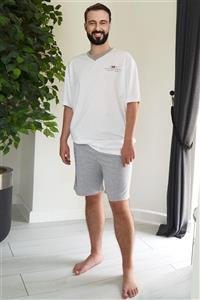 Nur Aka by Nurteks Erkek Gri Yaka Ve Şortlu Beyaz Baskılı Büyük Beden Pijama Takımı