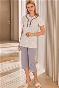Mecit Pijama By Mecit 5263 Çiçek Desenli Büyük Beden Capri Pijama Takımı