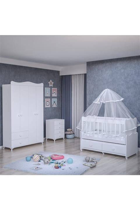 Garaj Home Elegant Yıldız 4 Kapaklı Bebek Odası Takımı - Yatak Ve Uyku Seti Kombinli- Uykuseti Krem