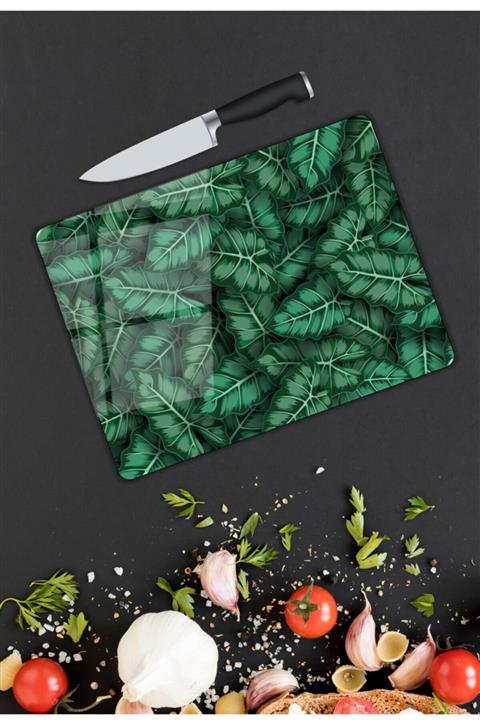 Pi Dekorasyon Yeşil Yapraklar Cam Kesme Tahtası 25x35 cm