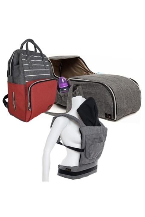 USF Ana Kucağı  Bebek Taşıma Kanguru ve  Gri Kırmızı Bebek Bakım Çantası 3'lü Set