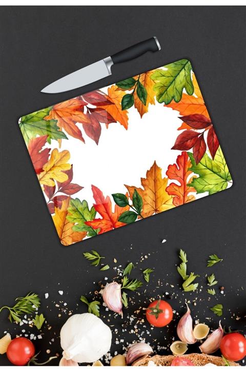 Pi Dekorasyon Renkli Yapraklar Cam Kesme Tahtası 25  35 cm