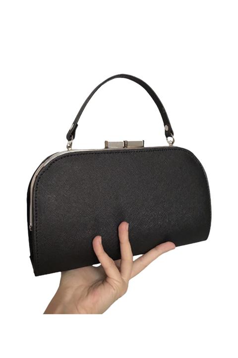 Selay Çanta Siyah Renk Gümüş Aksesuarlı Silindir Model Kulplu Abiye Çanta