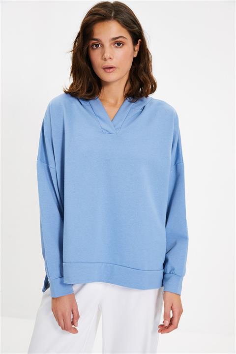 TRENDYOLMİLLA Açık Mavi Kapuşonlu Basic Örme Sweatshirt TWOAW22SW1391