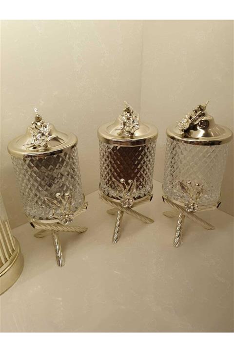 AZADE BAKIR Azade Kristal Cam Kavanoz 3'lü Set Gümüş