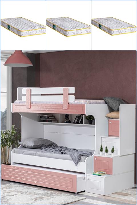 Setay Ranza, Su Yavru Yataklı Ranza - Pembe + 3 Adet Comfort Yatak
